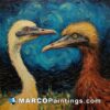 A painting of two ostriches in front of a starry sky