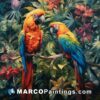 A painting of two parrots in the jungle