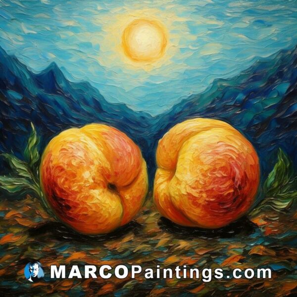 A painting of two peaches standing on a field over sunrise