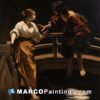 A painting of two people crossing a bridge