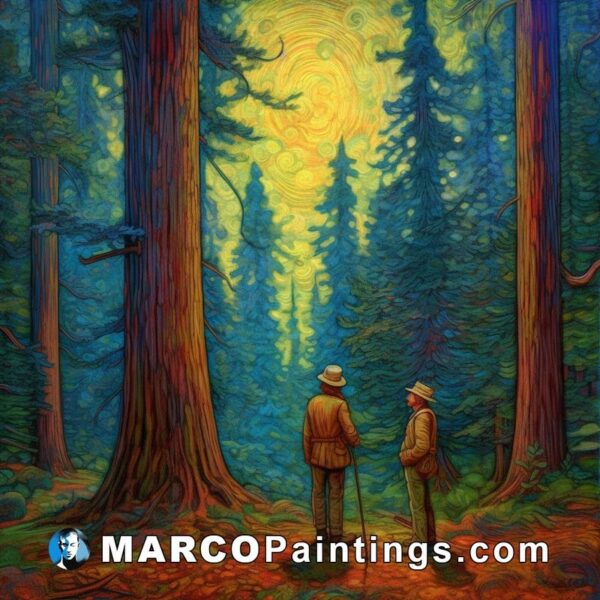 A painting of two people looking at the same tree