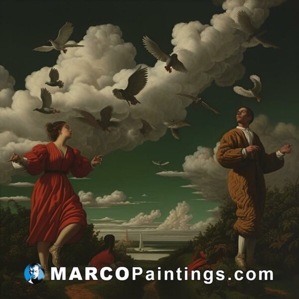 A painting of two people with birds flying above them