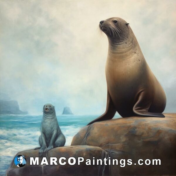 A painting of two sea lions sitting on rocks while looking outwards to the ocean