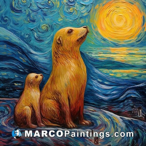 A painting of two seals sitting on a blue sea by moonlight