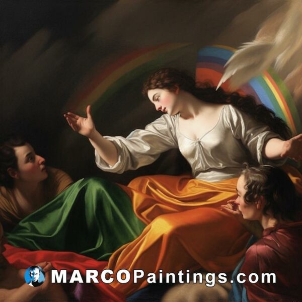 A painting of two women lying down under a rainbow