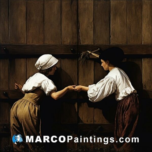 A painting of two women touching a door
