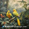 A painting of two yellow parrots in the jungle