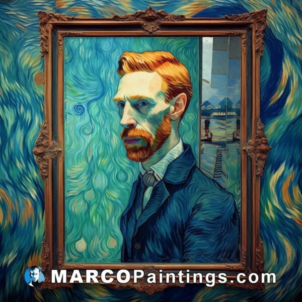 A painting of van gogh in a blue blue frame