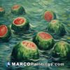 A painting of watermelons float in the ocean