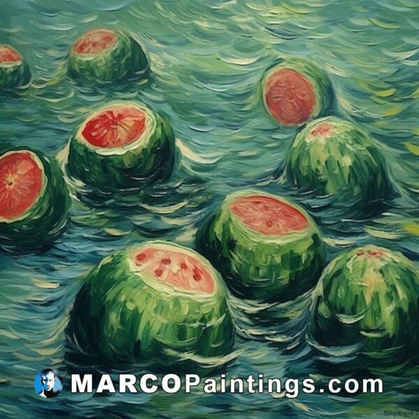 A painting of watermelons float in the ocean