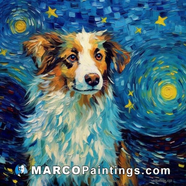 A painting of white and brown border collie under a starry sky