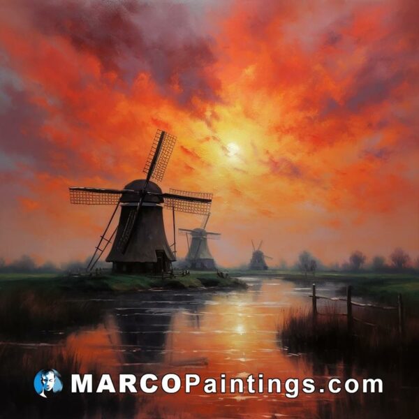 A painting of windmills on a river in a sunset