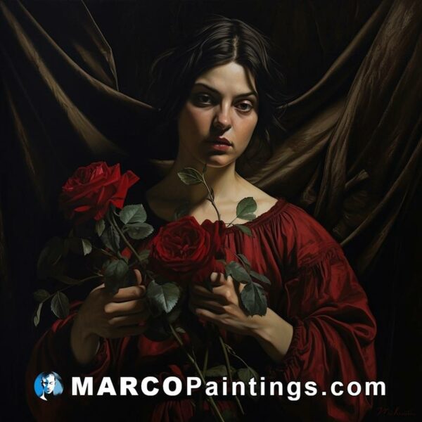 A painting of woman in red holding roses