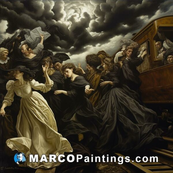 A painting of women in long gowns running down a rail with a light source behind them