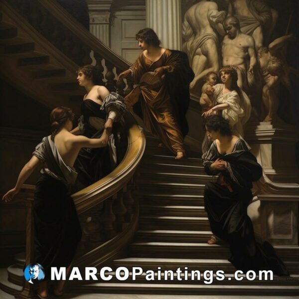 A painting of women with statues on the stairs