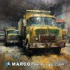A painting of yellow trucks inside a factory