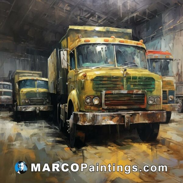 A painting of yellow trucks inside a factory