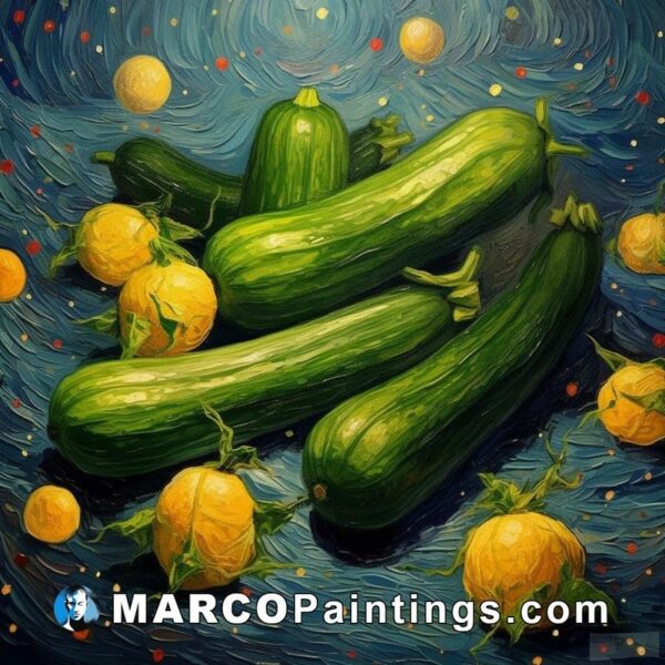 A painting of zucchinis and lemons