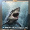 A painting on an easel showing a great white shark