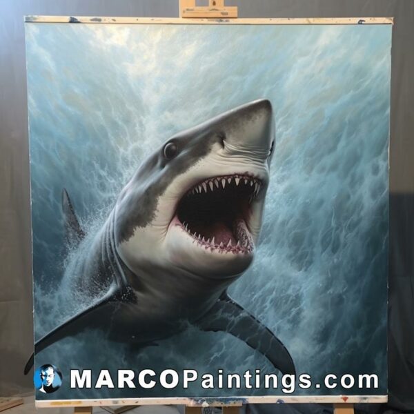 A painting on an easel showing a great white shark