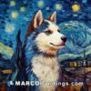 A painting on canvas of a husky in front of a starry night