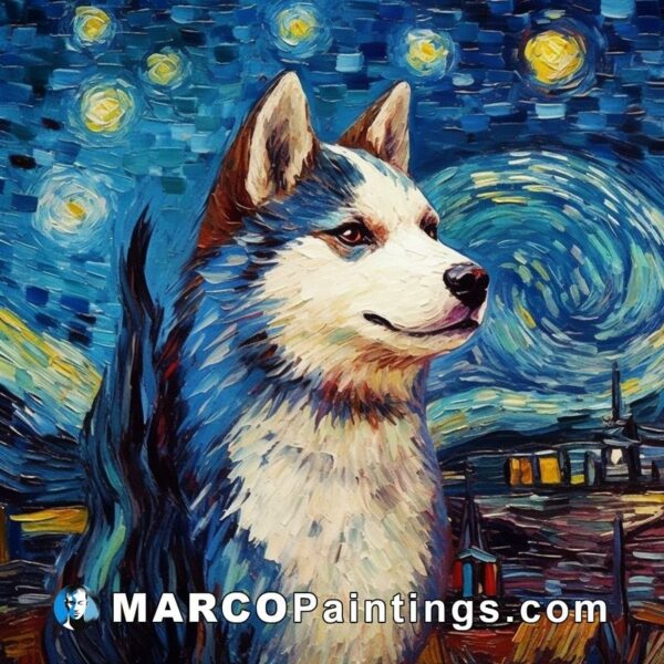 A painting on canvas of a husky in front of a starry night
