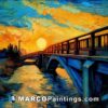 A painting painted by person showing a bridge with a sunset
