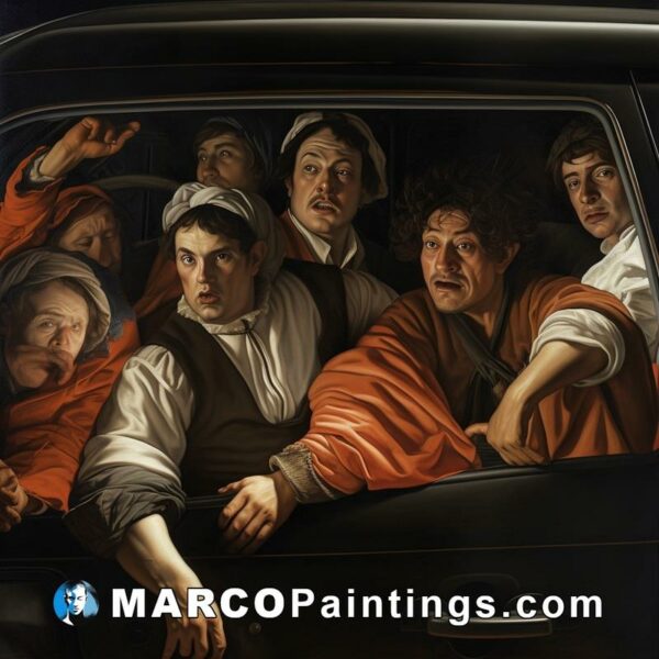 A painting show men riding in a car