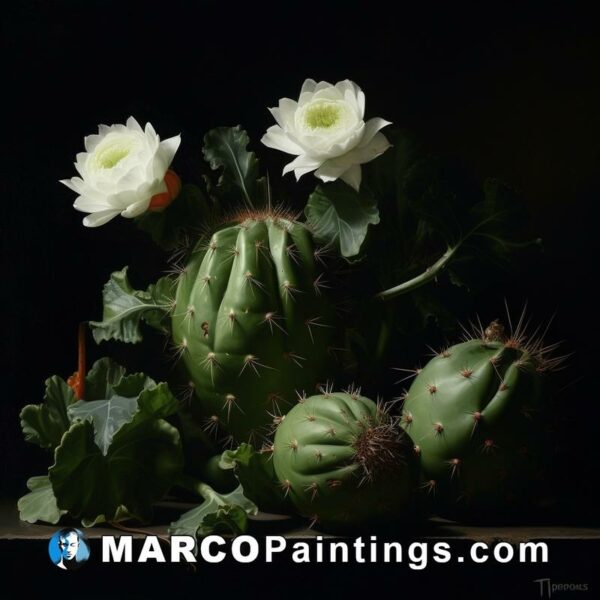 A painting showing a cactus and white flowers