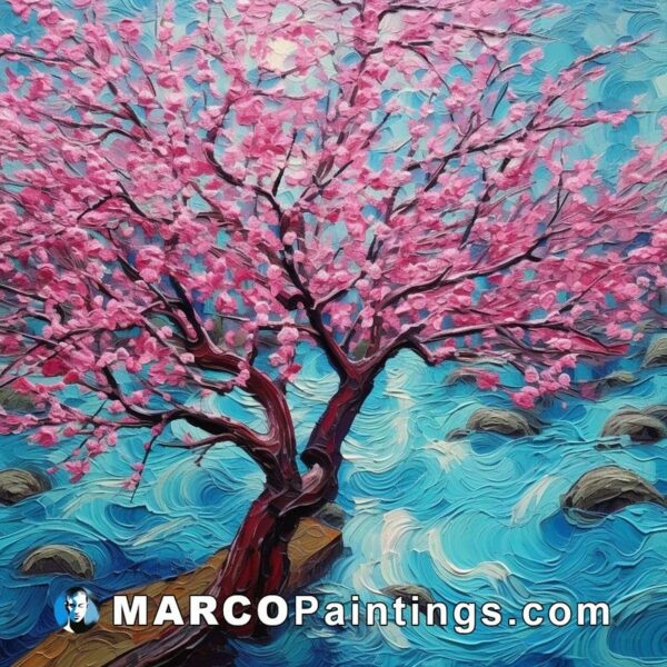 A painting showing a cherry blossom tree with water in the background