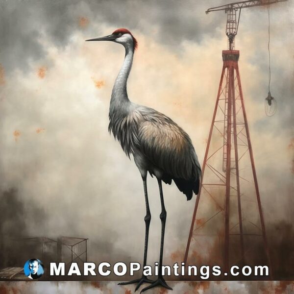 A painting showing a crane in front of a crane