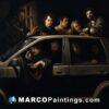 A painting showing a group of people in a car