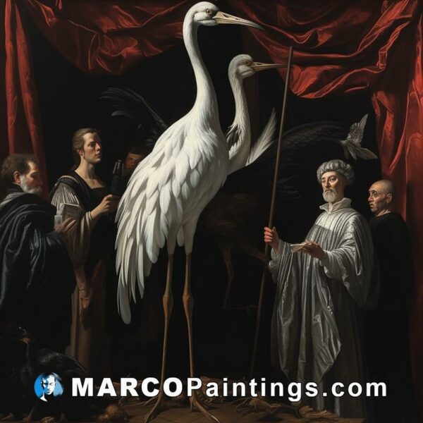 A painting showing a large bird and some people