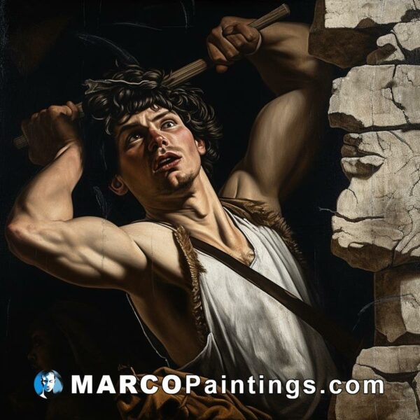 A painting showing a man with an axe trying to climb a wall