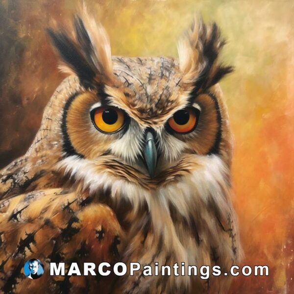 A painting showing a owl on a background with orange