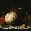 A painting showing a pumpkin in front of a spider