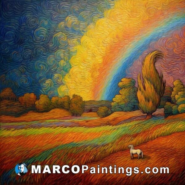 A painting showing a rainbow with a sheep in a field