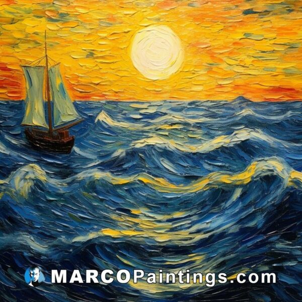 A painting showing a sail boat at sunset in the ocean