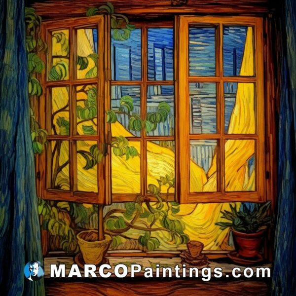 A painting showing a window and a potted succulent