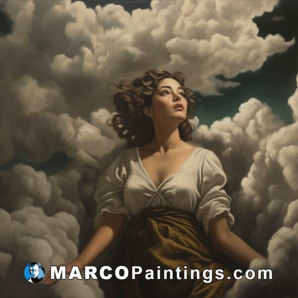 A painting showing a woman looking up through clouds