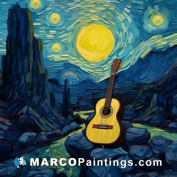 A painting showing an acoustic guitar against the starry sky