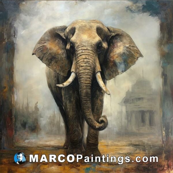 A painting showing an elephant in a city