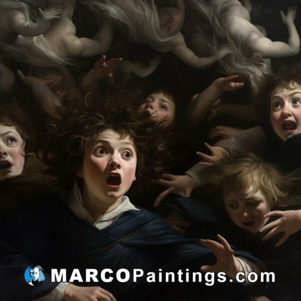 A painting showing an image of some children being scared of a demon
