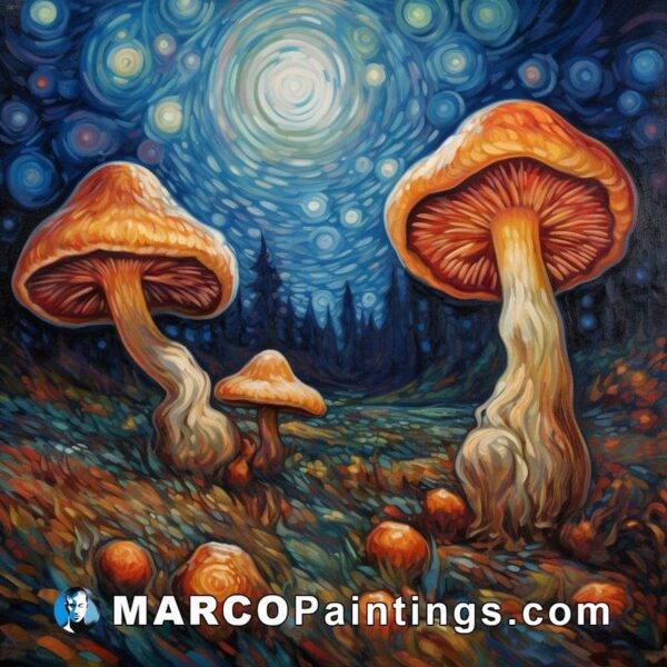 A painting showing giant mushrooms in the night sky