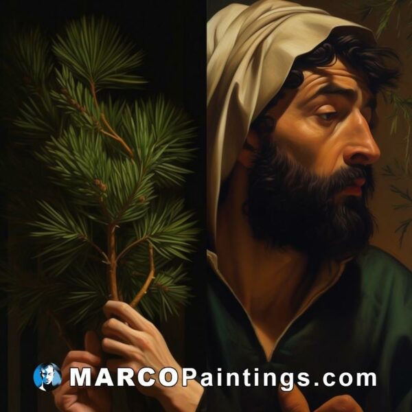 A painting showing jesus holding a tree and holding a stick