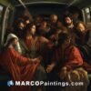 A painting showing jesus riding a bus with several other people riding along next to him