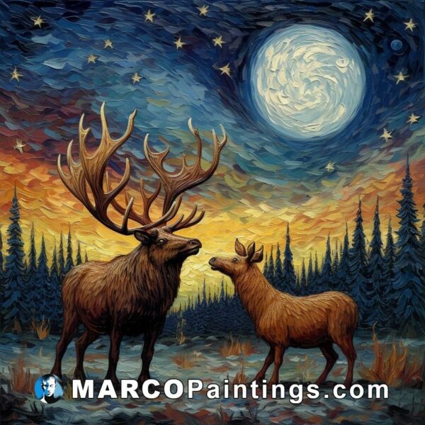 A painting showing night elk and deer in a forest