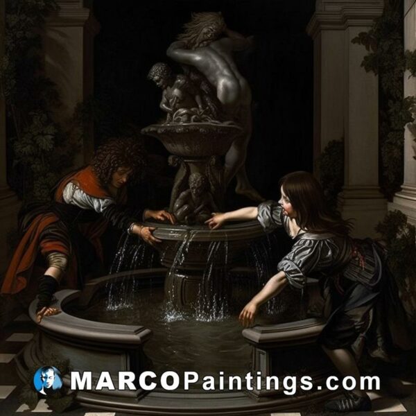 A painting showing people standing by a fountain