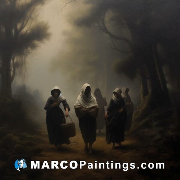 A painting showing people walking in the dark