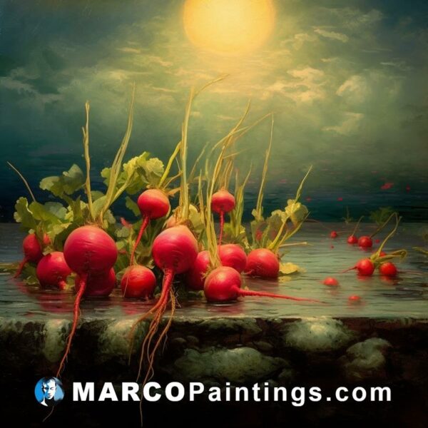 A painting showing radishes in water near the night sky